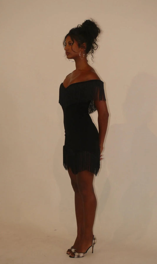 Off-Shoulder Double Fringe Bodycon Dress | Western Retro Sexy Mini Dress