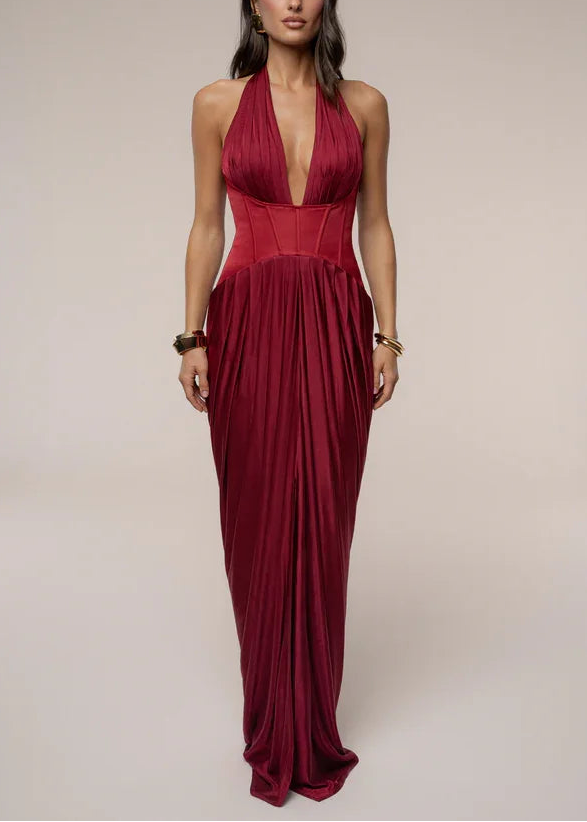 Sexy Sleeveless Halter Super Deep V Stitching Ruffle Maxi Dress