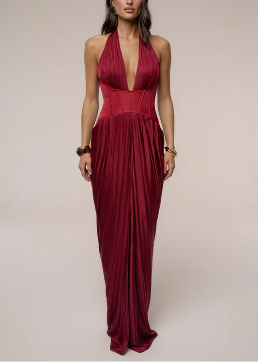Sexy Sleeveless Halter Super Deep V Stitching Ruffle Maxi Dress