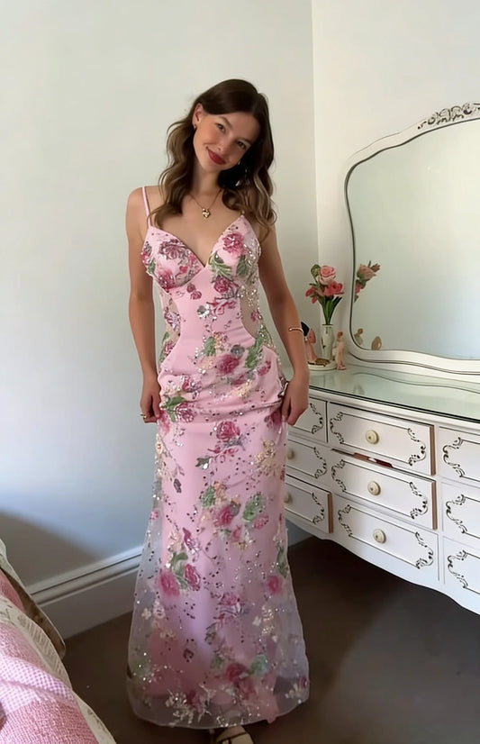 Pink Floral Embroidered Sequin Halter Backless Mermaid Maxi Dress