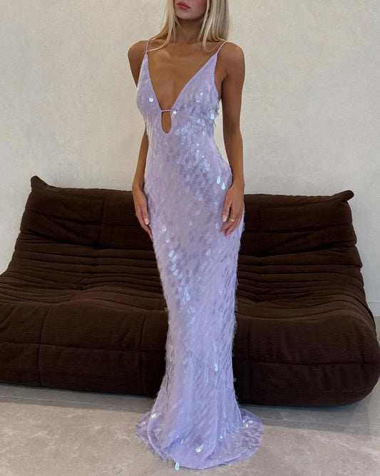 Sexy Hollow-out Camisole Super Deep V Colorful Sequin Dress