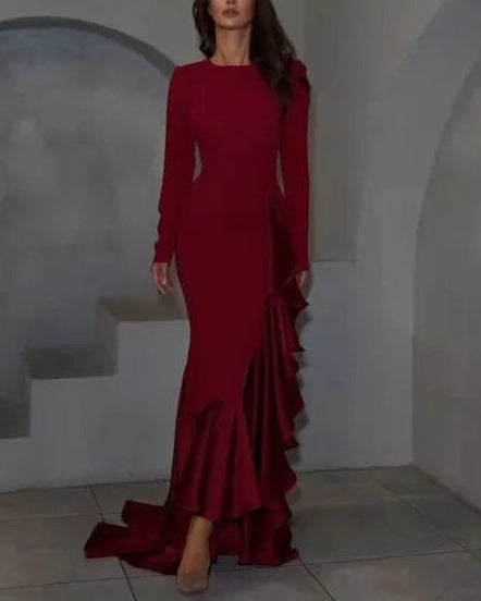 Sexy Solid Color Long Sleeve Slim Fit Ruffled Dress