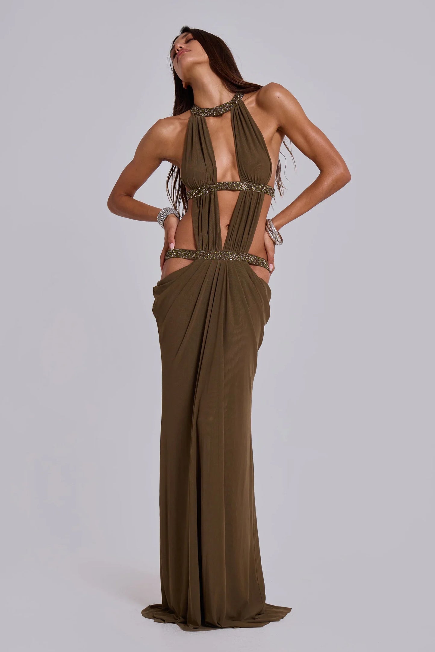 Vintage Style Olive Green Rhinestone Cutout Halter Gown