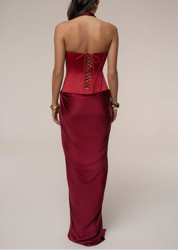 Sexy Sleeveless Halter Super Deep V Stitching Ruffle Maxi Dress