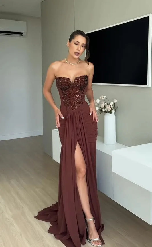 Sexy Sequined Tube Top Pleated Evening Dress