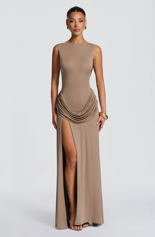 Sleeveless Ruched Backless High-Slit Bodycon Evening Gown