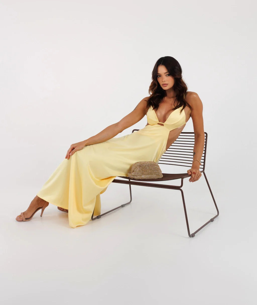 Vacation Style Pale Yellow Satin Cutout Backless Drapey Maxi Dress