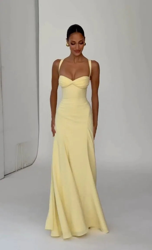 Butter Yellow Wide Strap Twist Knot Waist-Fitted Flowy Draped Evening Maxi Dress