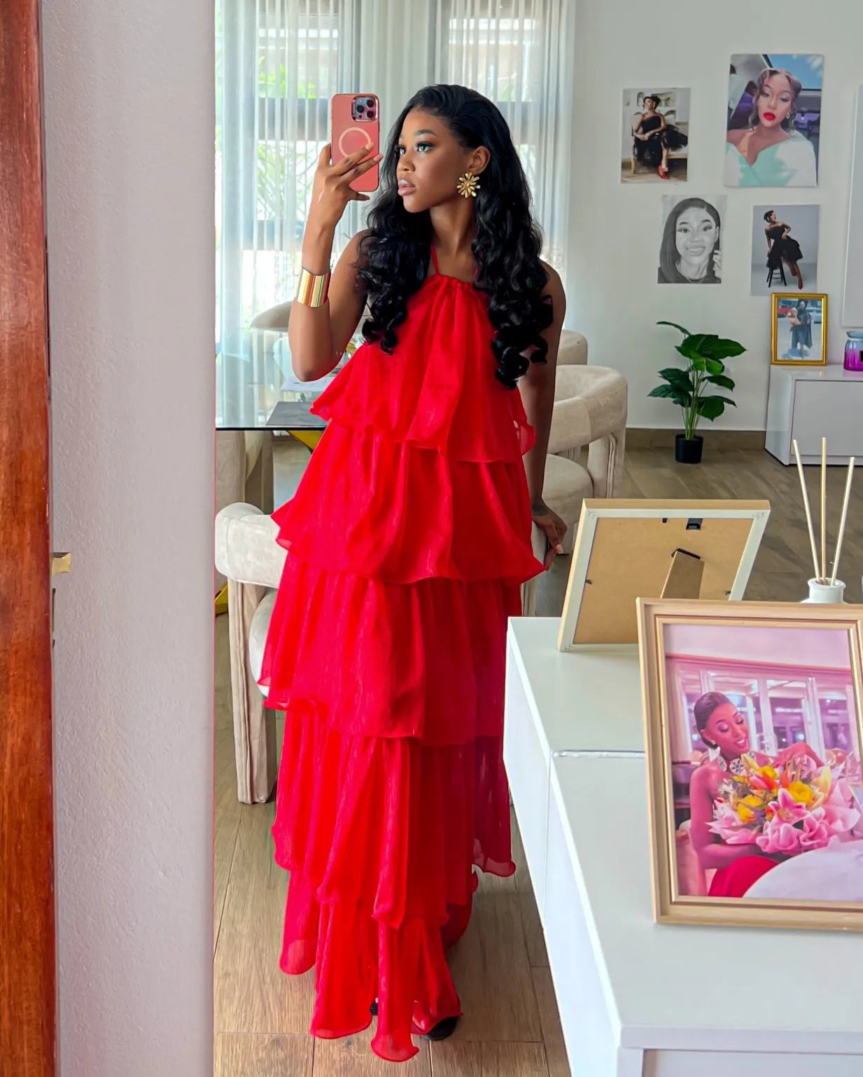 Scarlet Red Halter Tiered Ruffled Maxi Dress Slimming Draped Vacation Banquet Gown