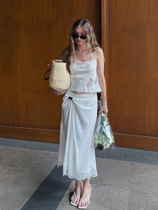 French Lazy Style Lace Patchwork Cami + Wrap Lace Hem Midi Skirt Set