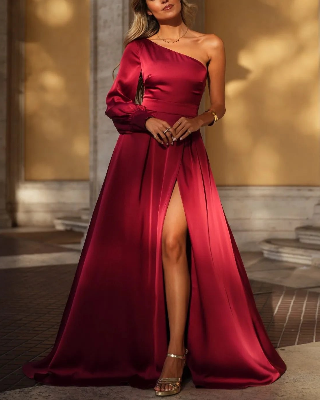 Sexy One-Shoulder Waist Slit Solid Color Maxi Dress