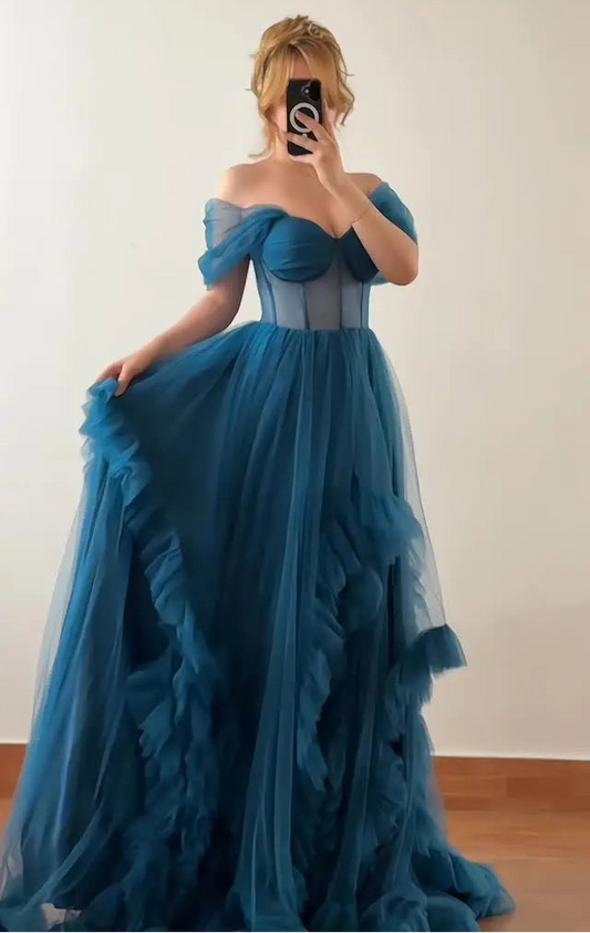 Sexy off-the-Shoulder Tube Top Mesh Solid Color Evening Maxi Dress