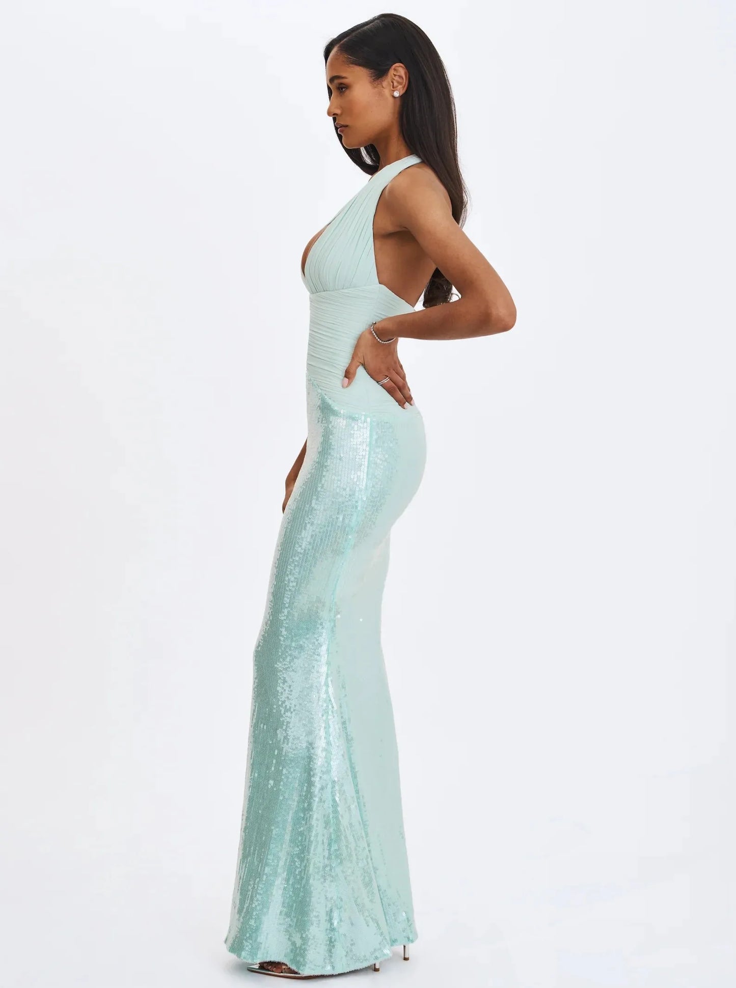 Sexy Halter Deep V Sequin Waist-Cinched Floor-Length Maxi Dress