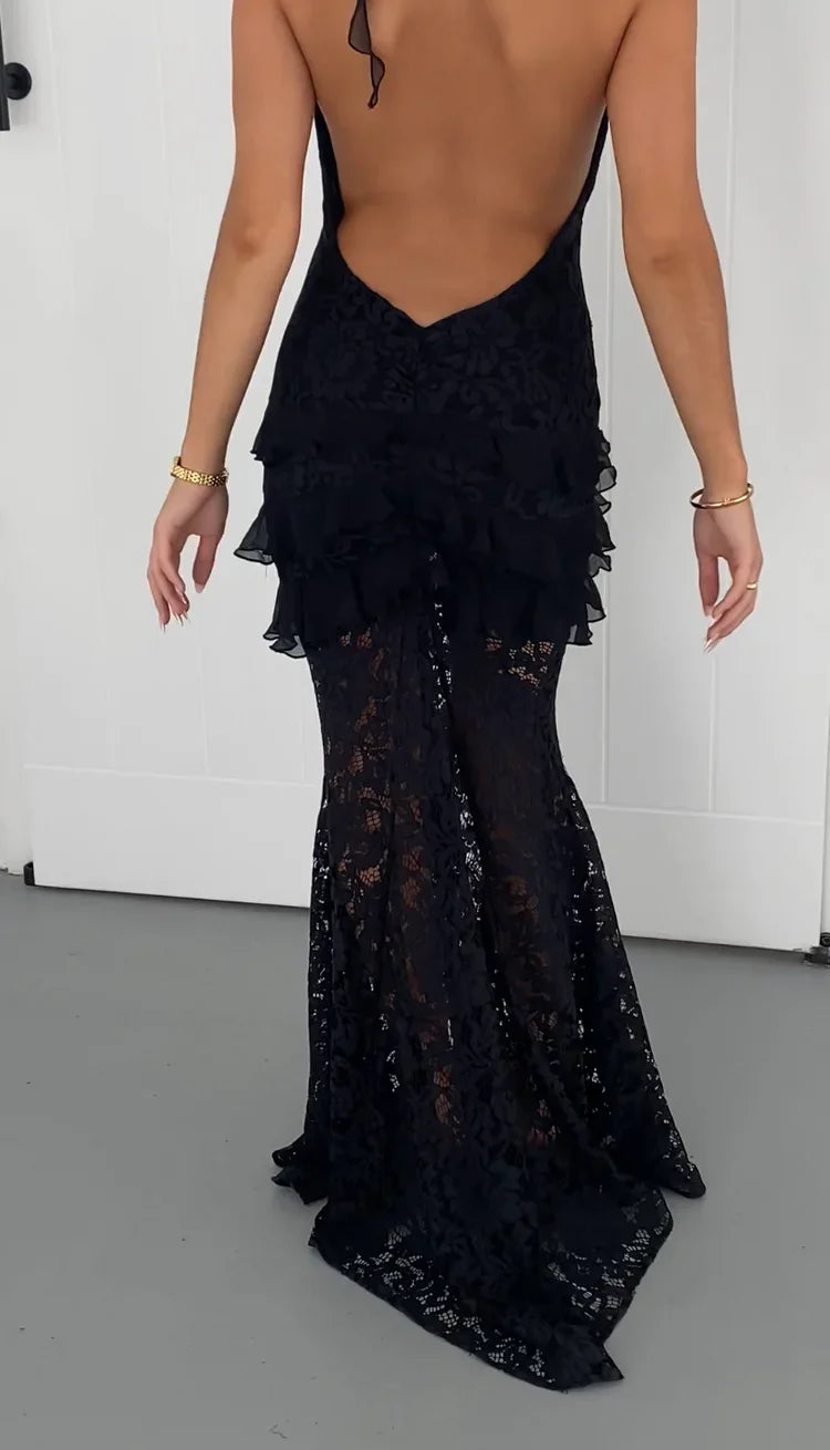 Sexy Halter Lace Deep V Hollow Dress