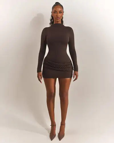 Chocolate Turtleneck Slim Dress - 3D Waist Detail Bodycon Mini Dress