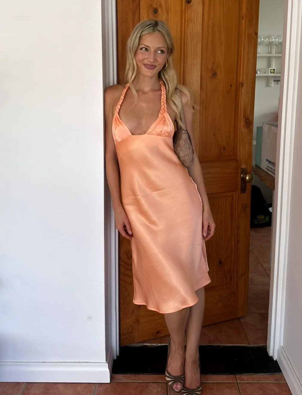 Peach Satin Braid Halter Deep V Midi Dress