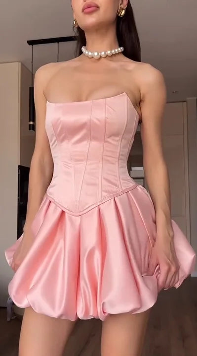 Sexy Sleeveless Cold-Shoulder Tube Top Solid Color Hot Girl Mini Dress