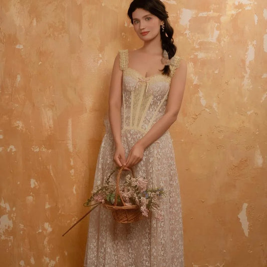 French Coquette Lace Corset Long Dress | Girly Elegant Slip Mini Dress