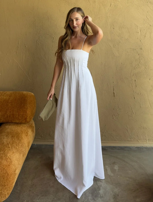 Minimalist Style White Thin Spaghetti Strap Waist-Cinched Flowy Maxi Dress