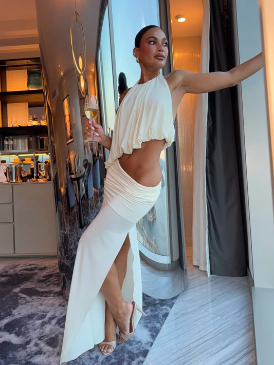 Off-White Halter Backless Ruched Crop Top & High Waist Slit Bodycon Maxi Skirt Elegant Evening Two-Piece Set