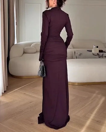 Sexy Long Sleeve Hollow out Solid Color Lace-up Maxi Dress