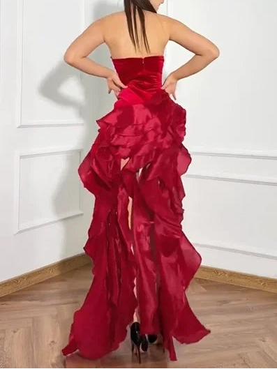 Sexy Tube Top Cinched Waist Fungus Tassel Maxi Dress