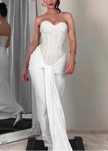 Sexy Sleeveless Tube Top Stitching Solid Color Evening Maxi Dress