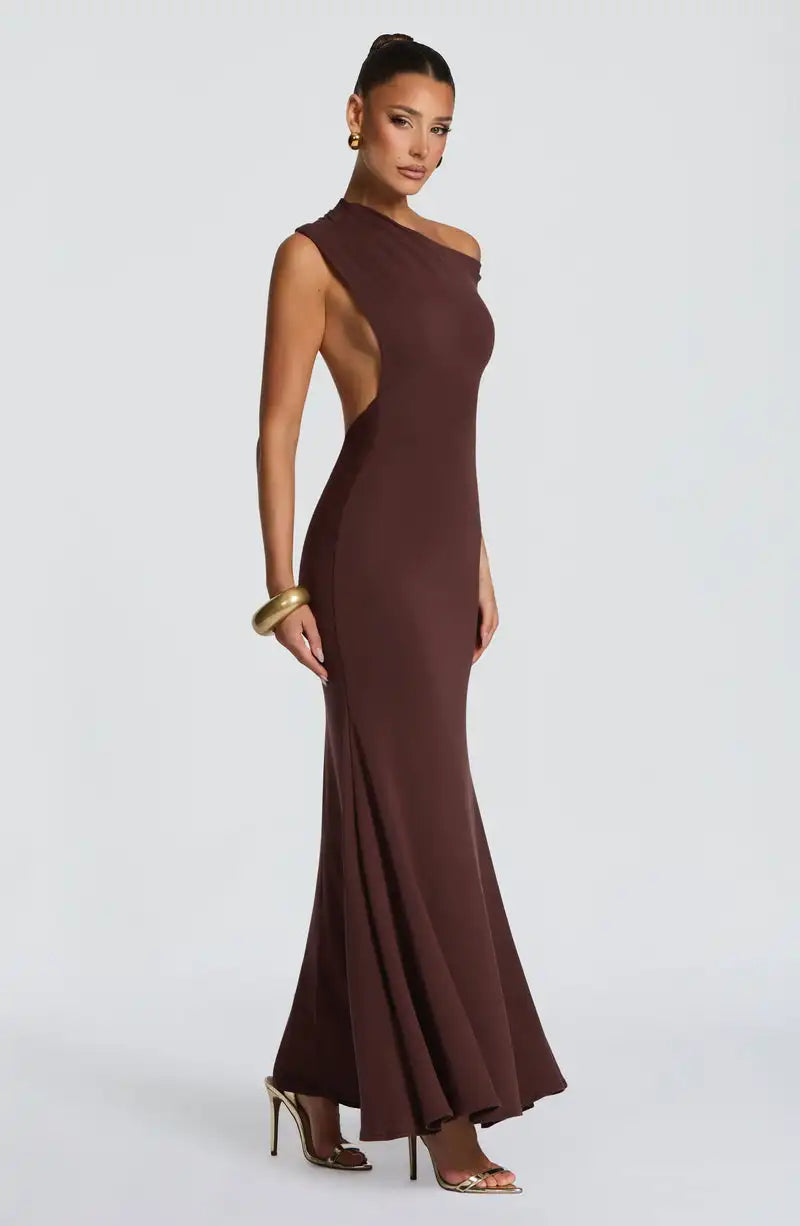 Asymmetric Shoulder Neckline Open-Back Slim-Fit Mermaid Maxi Dress