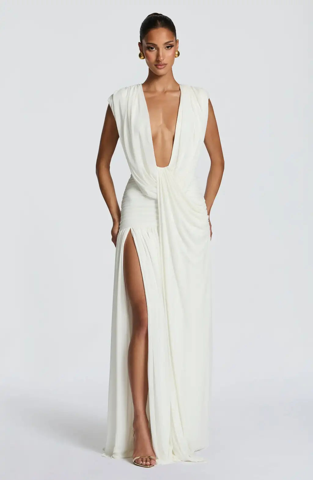 Sexy pleated deep V high slit backless evening gown