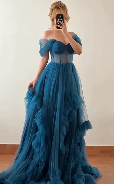 Sexy off-the-Shoulder Tube Top Mesh Solid Color Evening Maxi Dress