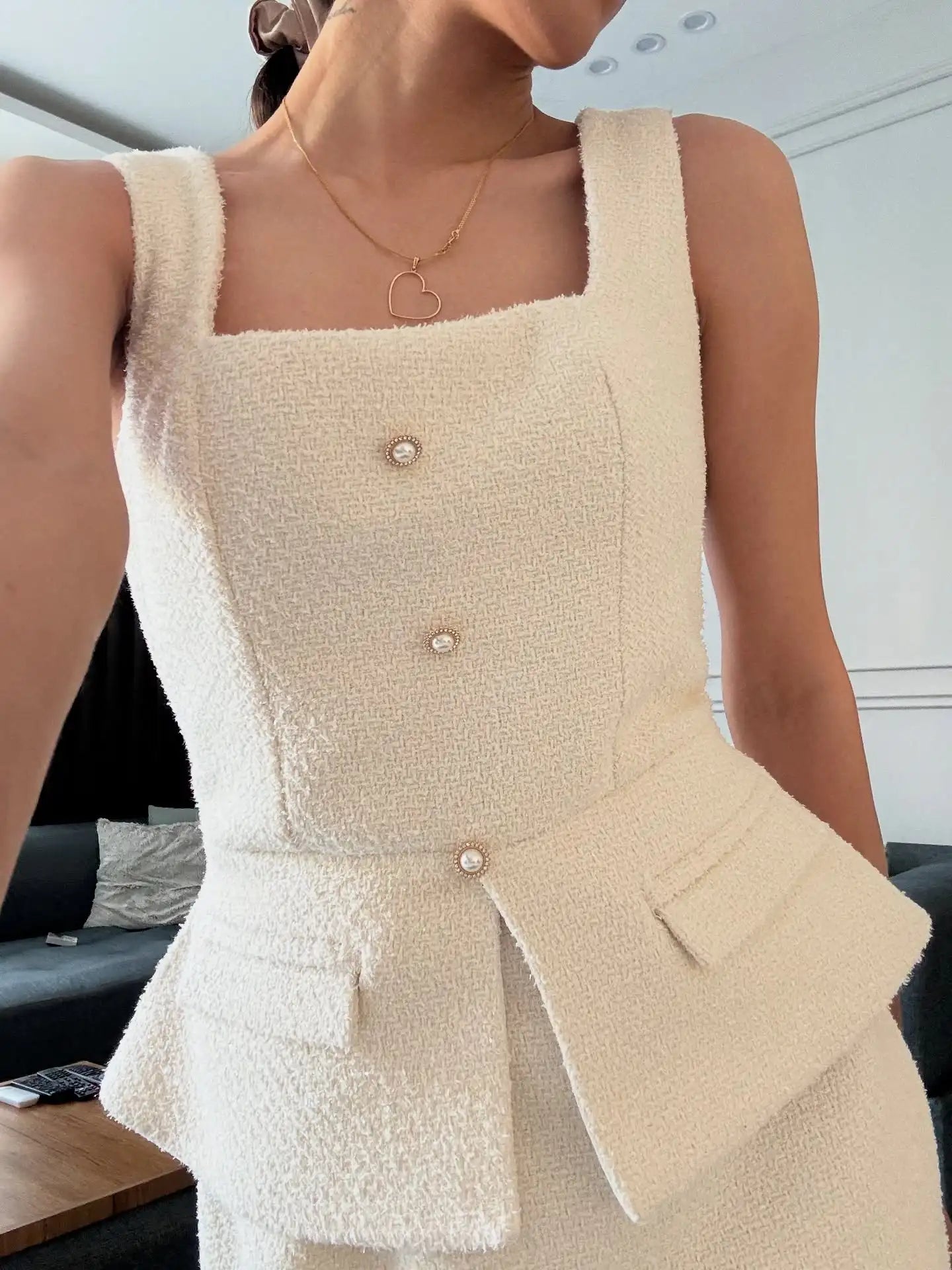 Sexy U Collar Button Stitching Fake Two-Piece Dress
