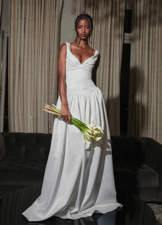 Minimalist Square Neck Waist-Cinched Wedding Dress