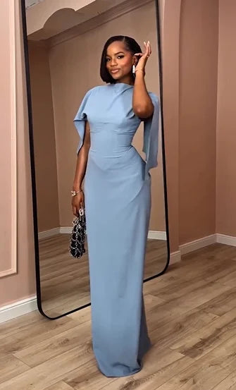 「Misty blue draped backless dress with cape sleeves, an elegant long gown」