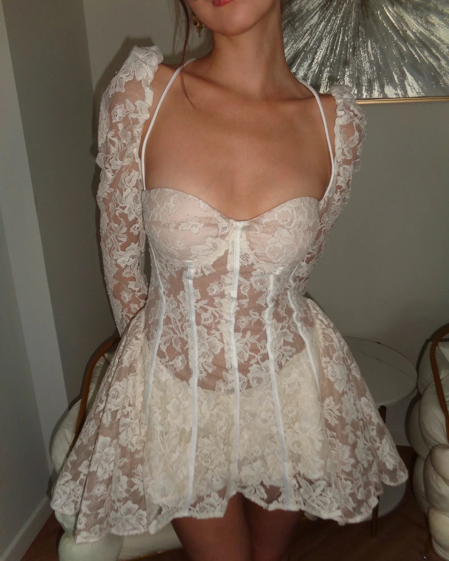 Sexy Long Sleeve Low-Cut Lace Mini Dress