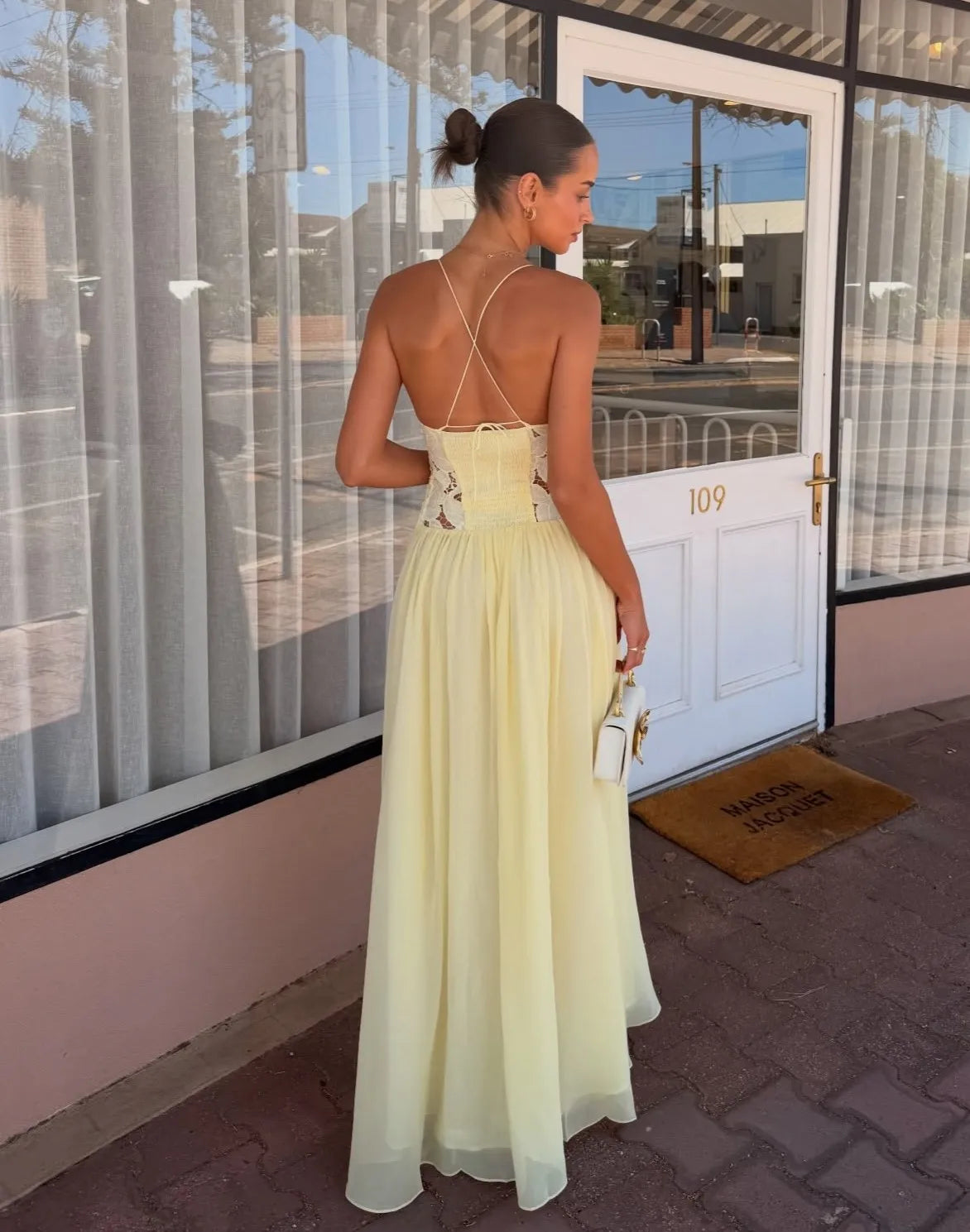 Cream Yellow 3D Floral Lace Patchwork Cross Backless Ruched Waist Flowy Maxi Vacation Dress