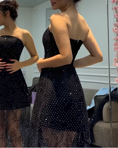 Sexy off-the-Shoulder Rhinestone Mesh Maxi Dress