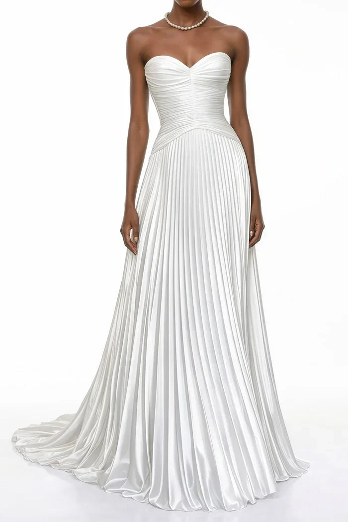 Socialite Style White Strapless Satin Pleated Waist-Cinched Maxi Dress