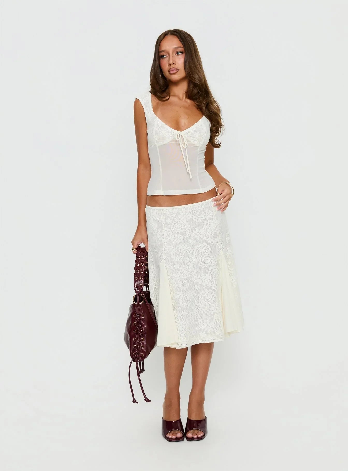Gentle Style White Lace Patchwork Mesh Camisole Top + Midi Skirt Two-Piece Set