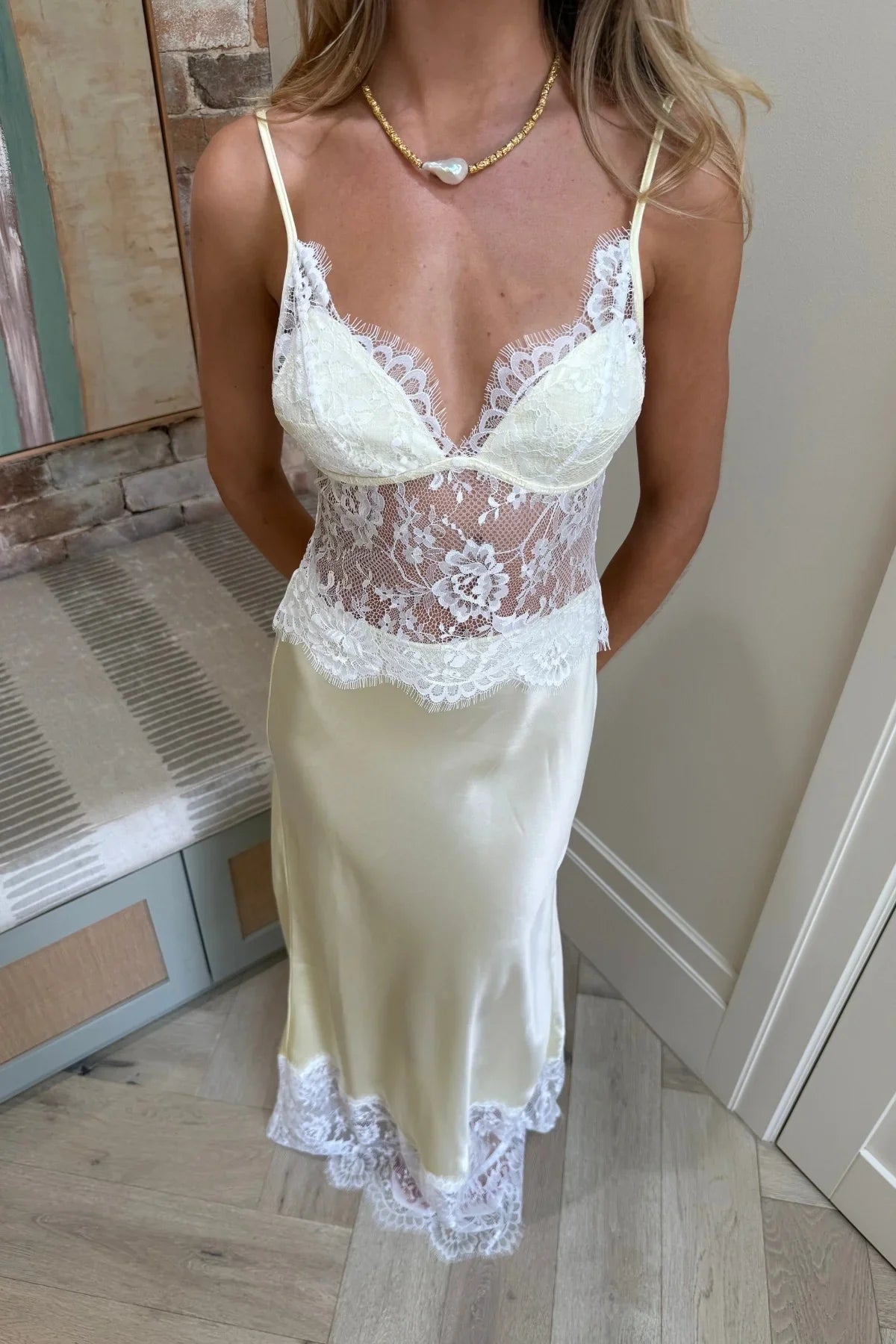 French Style Cream Lace Spliced Satin Camisole Maxi Dress