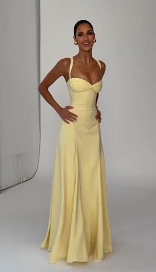 Butter Yellow Strapless Ruched Waist High Slit Backless Tie Evening Maxi Dress