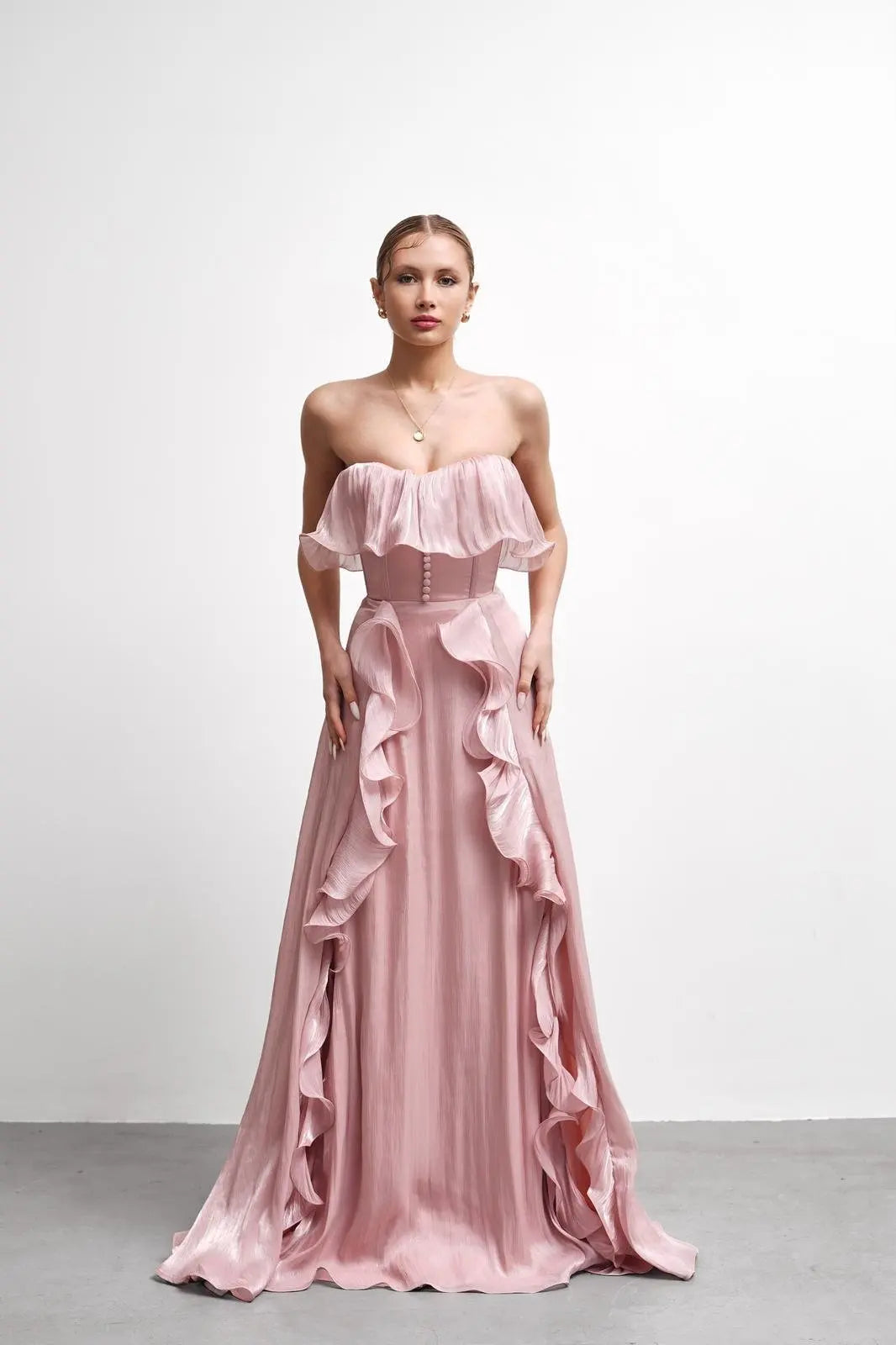 Blush Strapless Ruffle Draped Floor-Length Evening Gown