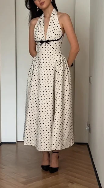 Cream Polka Dot Halter Bow Fit-and-Flare Midi Dress
