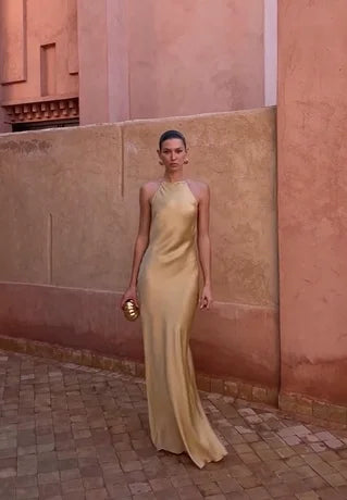 Champagne gold satin backless halter dress