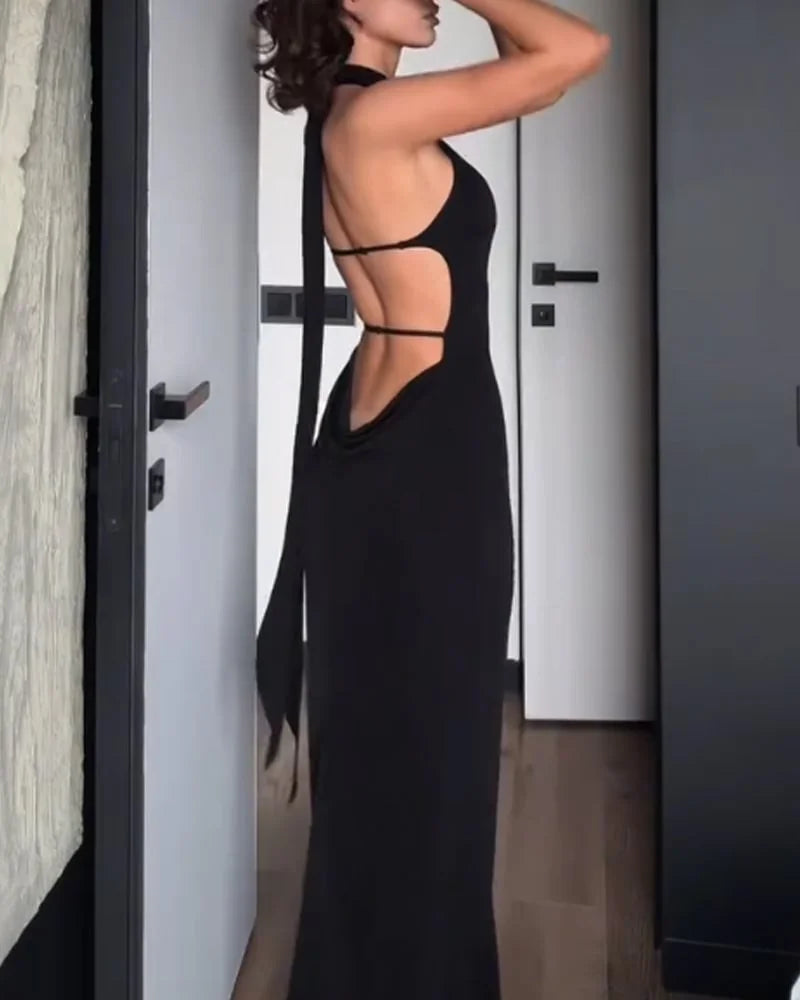 Sexy Sleeveless Solid Color Slim Fit Backless Maxi Dress