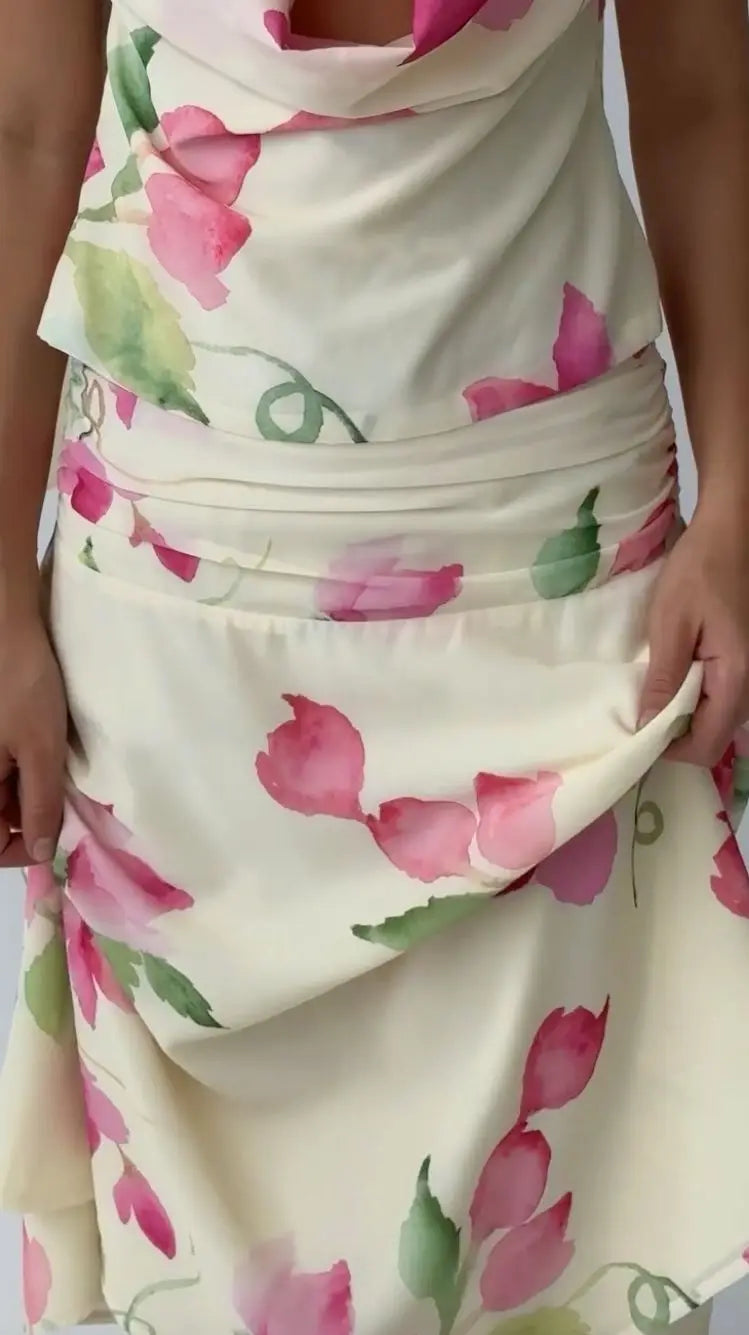 Sexy Print Backless Dress Suit