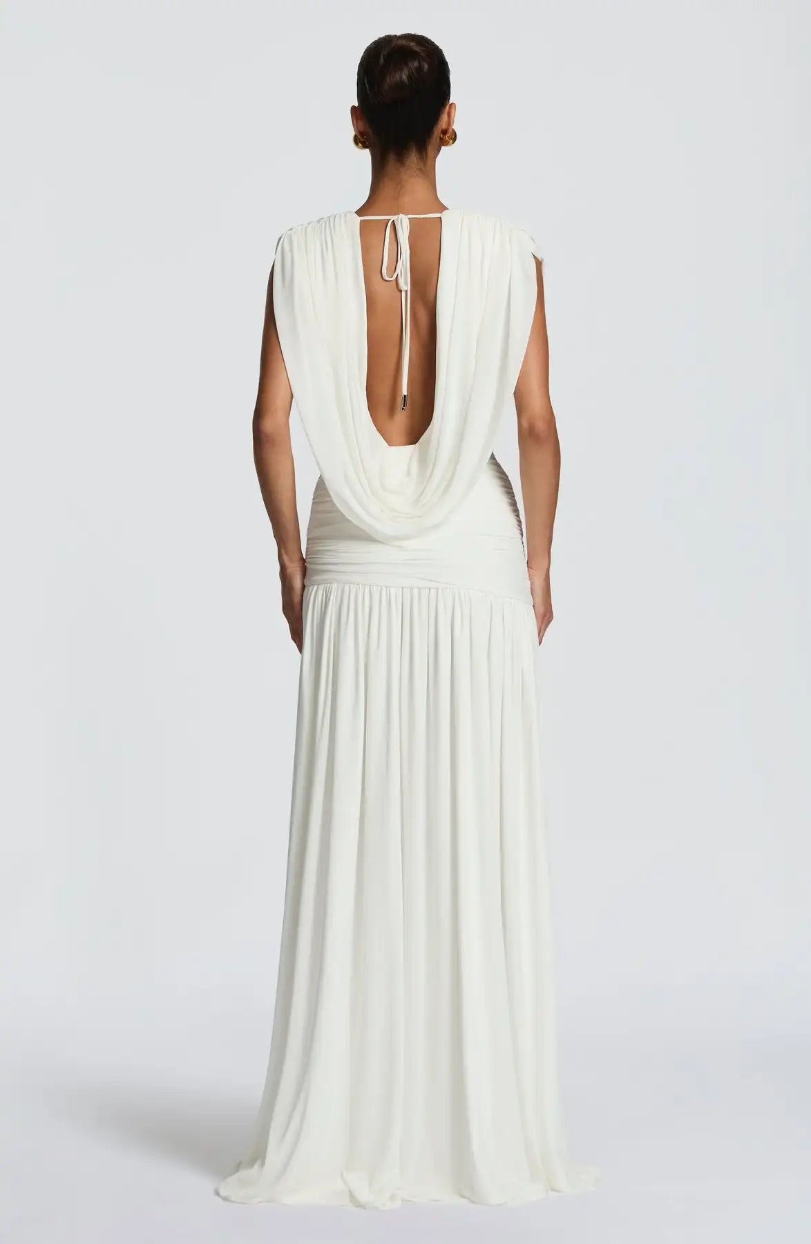 Sexy pleated deep V high slit backless evening gown