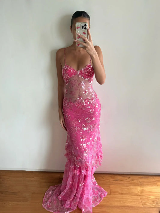 Pink 3D Floral Beaded Sheer Mesh Spaghetti Strap Mermaid Train Evening Maxi Dress