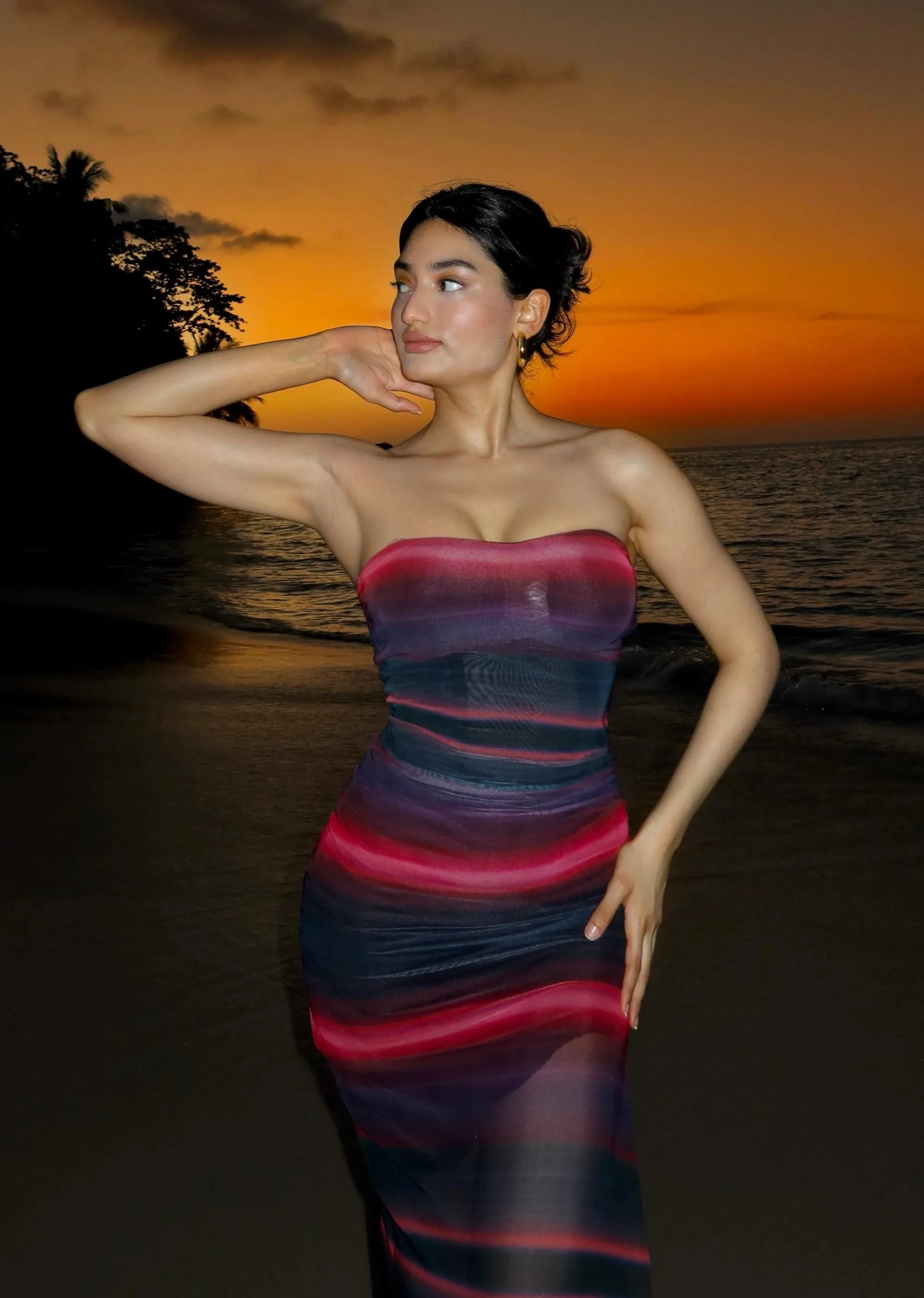 Gradient Red & Purple Strapless Ruched High Slit Sheer Mesh Beach Vacation Maxi Dress