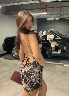 Party Style Black Full Rhinestone Backless Fringe Spaghetti Strap Bodycon Dress