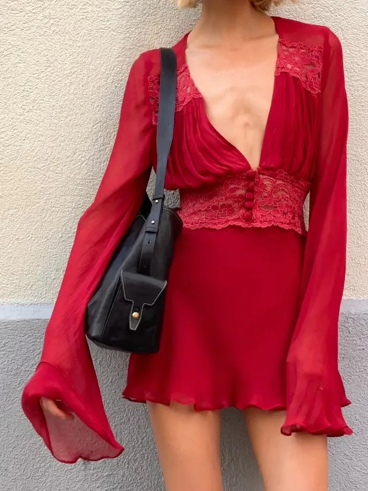 Red Deep V Lace Chiffon Flare Sleeve Mini Dress